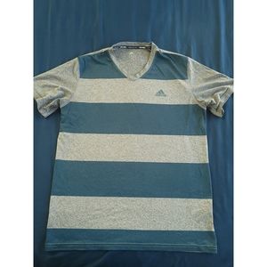 Adidas Men's Blue/ Gray Striped Athletic V-neck Tee (Large)